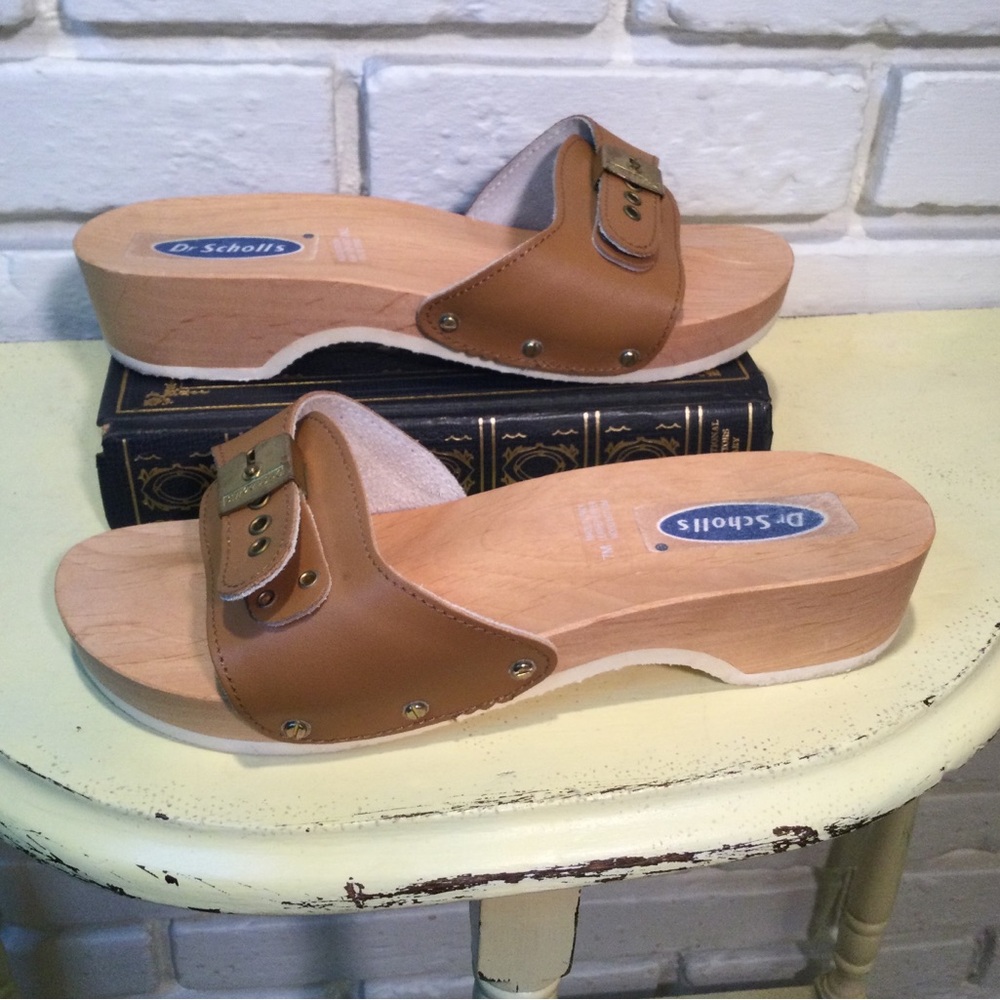 Vintage Dr. Scholl’s Wooden Clog Exercise Sandals Tan Leather Made In Italy 7